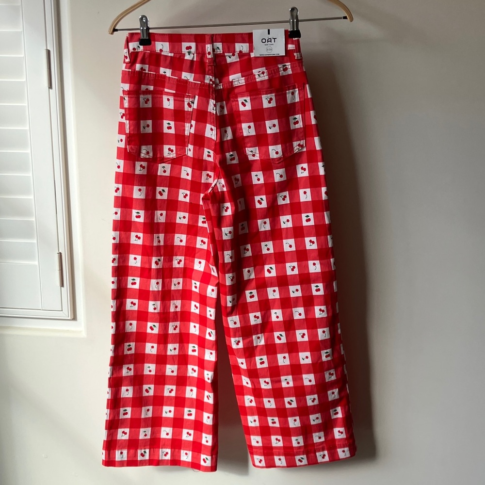 OAT Red Checkered Cherry Print High Waist Wide-Leg Pants Women’s Size 2/26 NWT - Picture 4 of 8